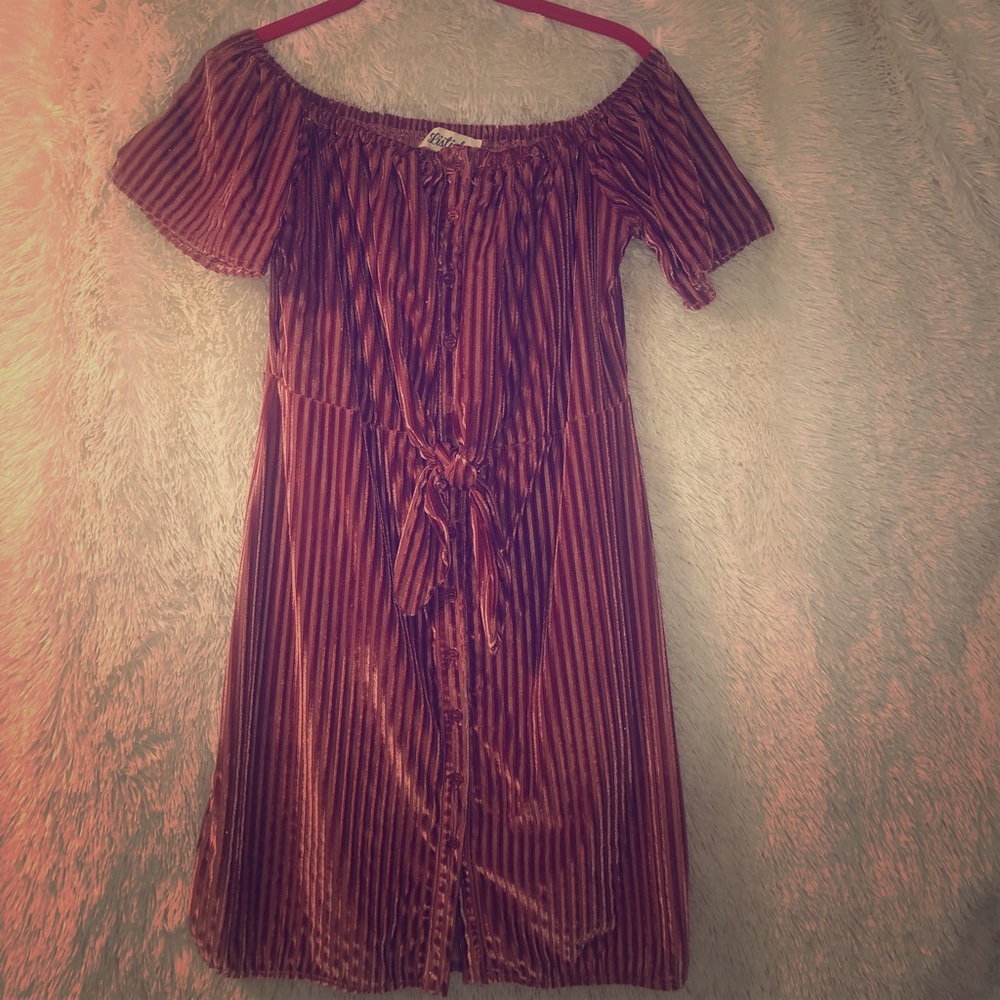 Suede tie-front off the shoulder dress